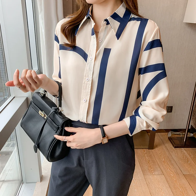 

2021 Autumn New Women's Striped Printed Chiffon Shirt Long-sleeved Top Elegant Hong Kong Style Trendy Loose Shirt Rac