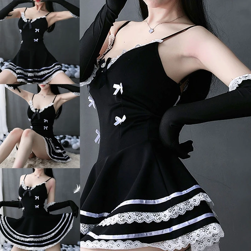 

24BC женский сексуальный костюм для косплея Лолиты, милое мини-платье без рукавов с бантом, с открытой спиной и перекрестными шнуровками, клуб...