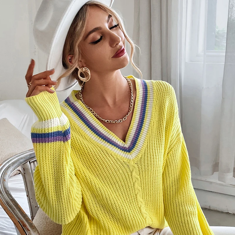 

Women Thin Sweater Long Sleeve Top Loose Yellow Color Female Knitted Pullover Minimalist V Neck Knit Top Soft