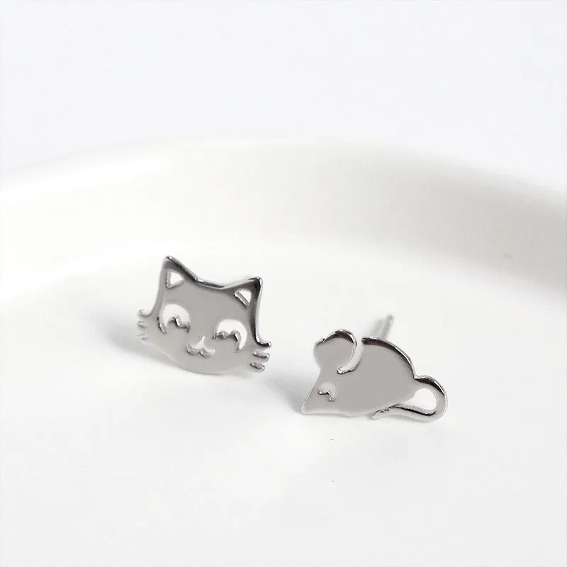 ElfoPlataSi Genuine Fashion 925 Sterling Silver Sweet Asymmetric Cat Mouse Stud Earring For Women Fine Jewelry Gift DA500 | Украшения и