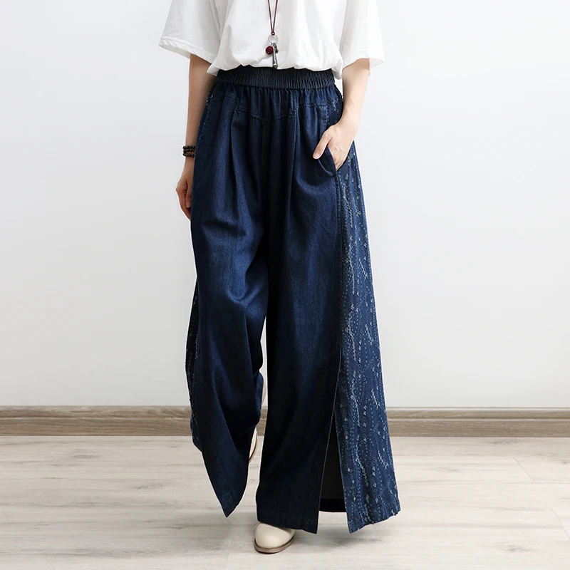 TIYIHAILEY Free Shipping Wide Leg Long Pants For Women Print Trousers Denim Jeans Elastic Waist Casual Pants With Pockets