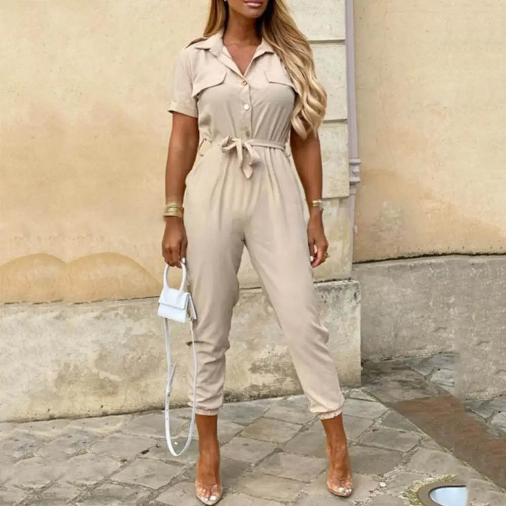 

Casual One Piece Jumpsuit Women Summer Short Sleeve Lapel Overalls Bodysuit Ladies Sexy Belt Long Jumpsuit combinaison femme