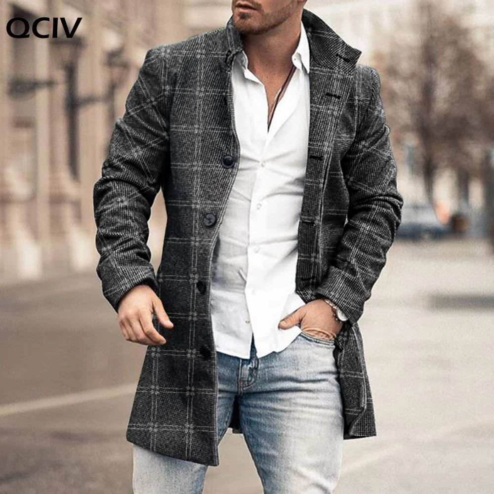 

Gray Plaid Men's Jacket Slim Autumn Fashion Single-breasted Long Sleeve Casual Male Outerwear Coat New Winter Woolen Trench