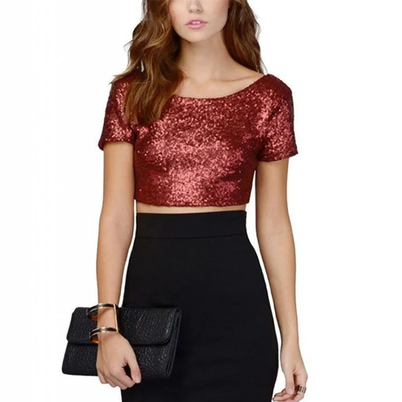 

European and American Summer Sequined New T-shirt Women Short-sleeved Round Neck Sequined Sexy Backless Short T-shirt