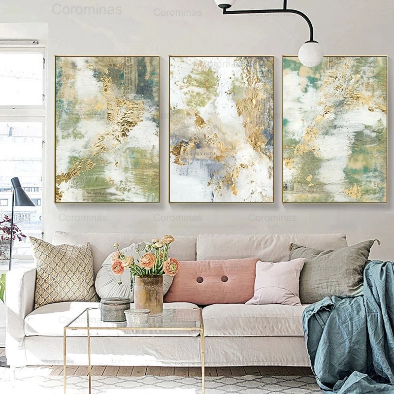 

Modern Abstract Gold Foil Canvas Painting Green Blue Posters and Prints Wall Art Pictures for Living Room Lobby Home Decoration