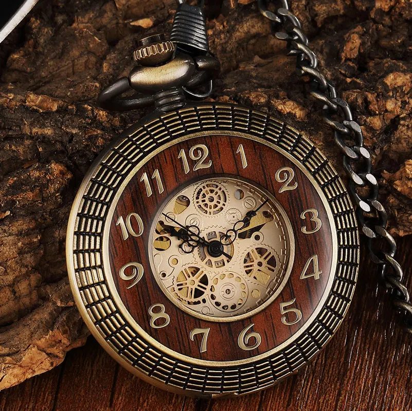

Hot sale Box Package Wood Mechanical Pocket Watch FOB Chain Locket Dial Steampunk Hollow Skeleton Men Women Mens Male Watches