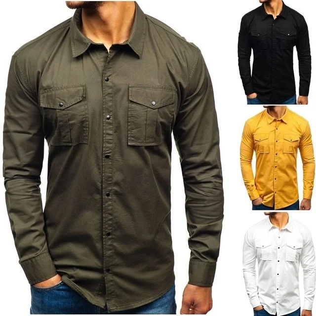 

New Men Fashion Shirts Men's Casual Slim Fit Shirt Cotton Long Sleeve Button Down Dress Shirt Cargo Work Shirts
