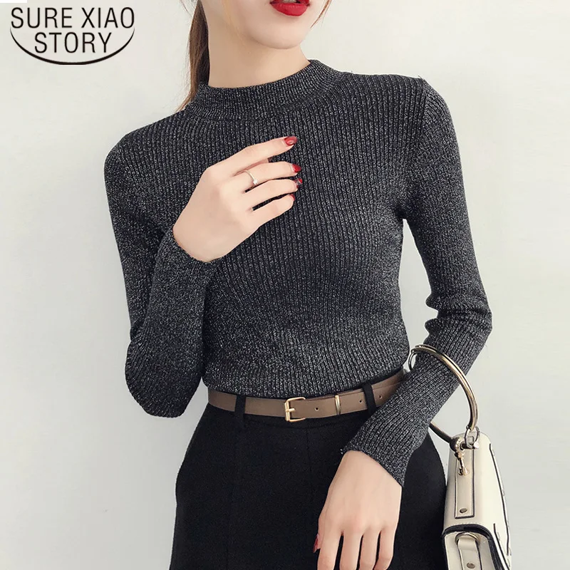 2022 Spring Winter Long Sleeve Sweater Women Shiny Pullover Basic Femme Turtleneck Korean Style Knit Tops 5042 | - Фото №1