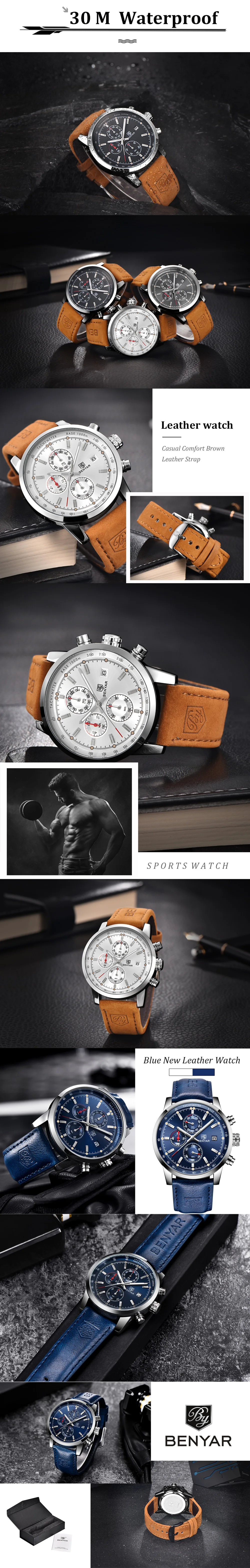 Часы мужские Reloj Hombre BENYAR часы Мужские кварцевые Хронограф Спортивные часы лучший бренд Модные кожаные мужские часы