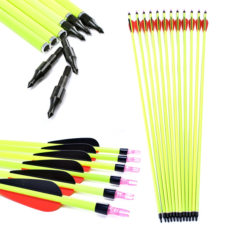 

12pcs 31.5 Inches Archery Fluorescent Replaceable Bolts Yellow Shaft Carbon Arrow For Hunting Compound/Recurve Bow