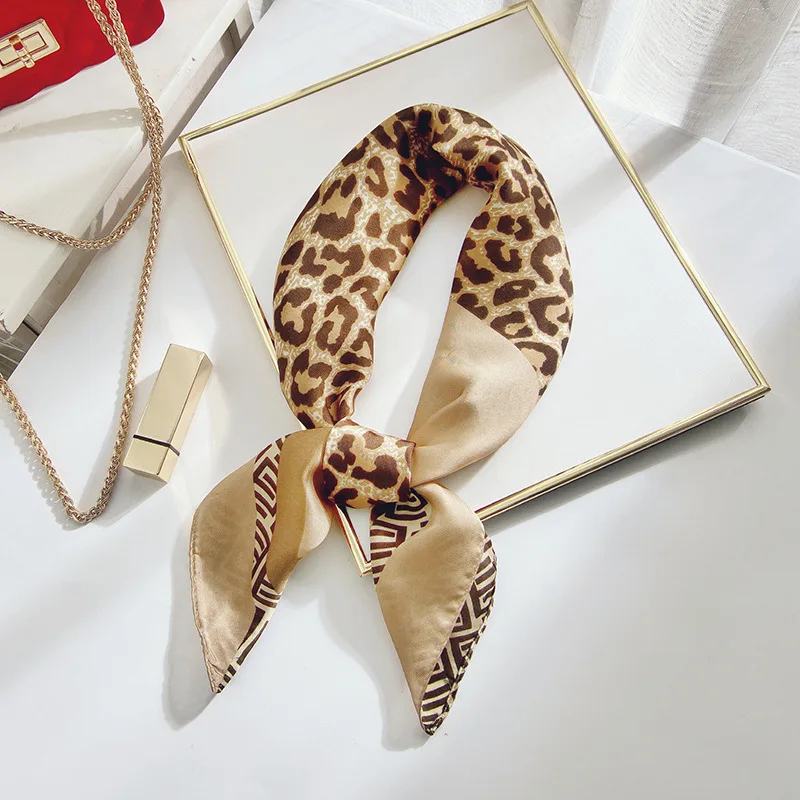 

2021 Small Silk Hair Scarf Women Foulard Neck Wrap 70cm Square Kerchief Soft Bandana Leopard Print Lady Head Band Scarves Tie