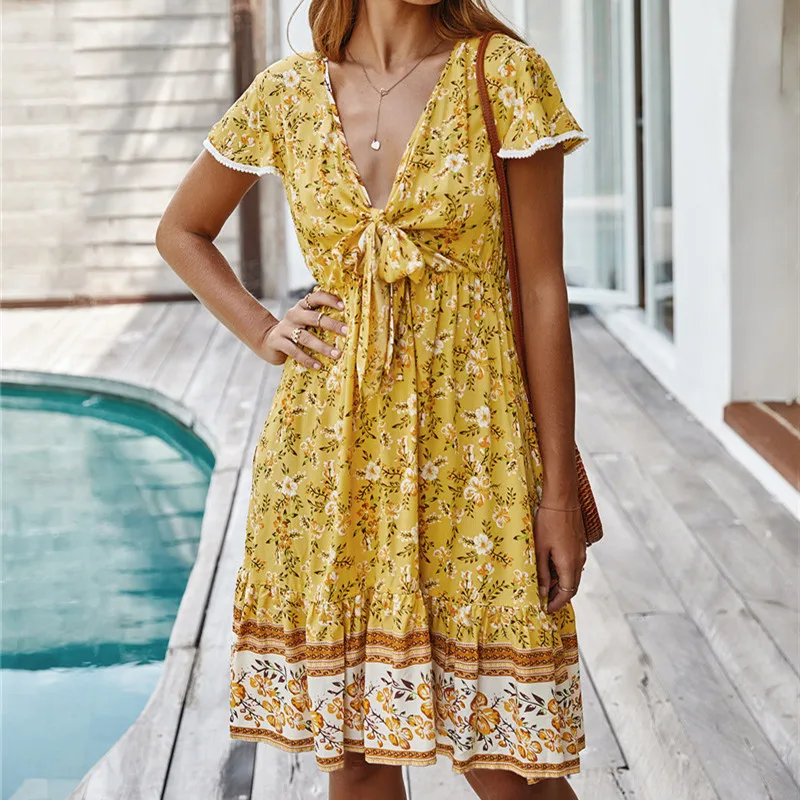 

New Arrival Casual Vintage Women Print Midi Dress Summer 2020 Deep V-neck Bow Slim Dresses