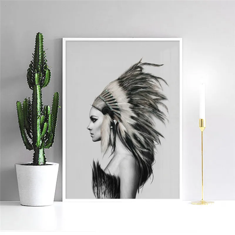 

Abstract Indian Girl Canvas Paintings Dream Big Black White Female Wall Art Pictures For Living Room Native Home Decor Unframed