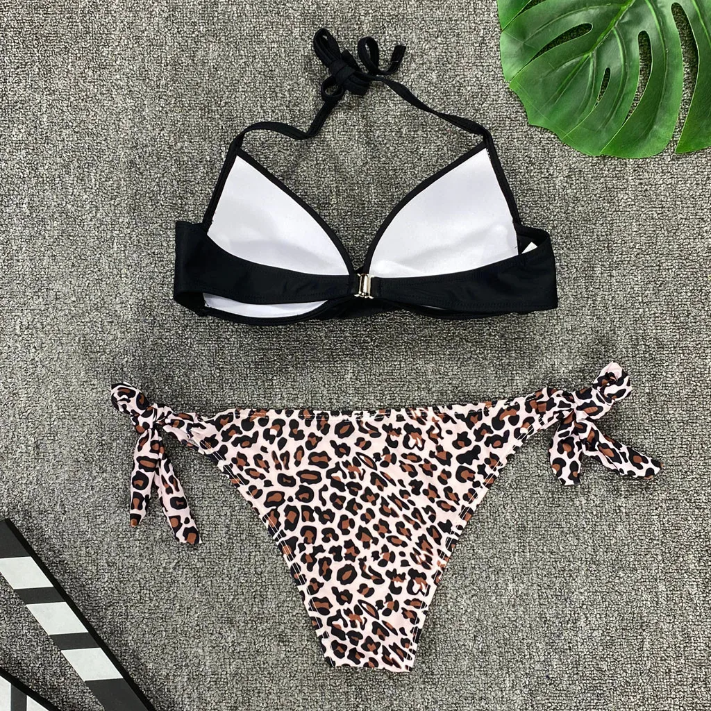 

Sexy Swimsuit Two Pieces Swimwear Women Halter Bikini Set 2021 Beach Wear Bathing Suits Push Up Padded Printed Bottom Biquini