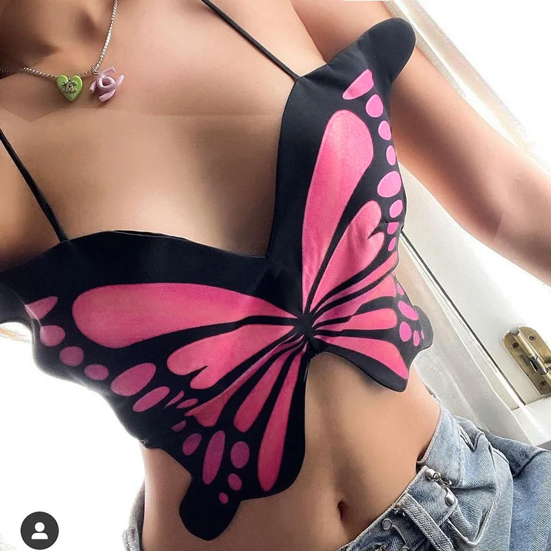 

Women Crop Tops Fashion New Sexy Backless Tops Butterfly Print Suspender Nightclub Top Club Tank Top Women Donsignet