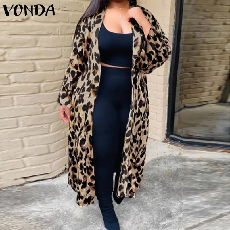 

VONDA Длинные куртки женские кардиганы 2021 осенние винтажные пикантные пальто с леопардовым принтом с длинным рукавом Свободные плиссированн...