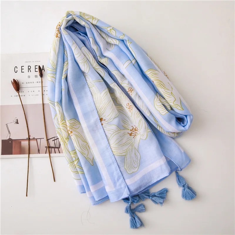 

Light blue Women Viscose Scarf 2021 Luxury Fashion Floral Print Beach Hijab Shawls Wraps Foulard Four Season Tassel Casual Lady