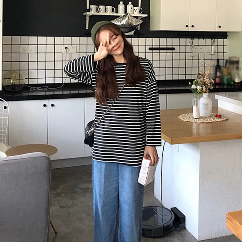 Женская Повседневная футболка с длинным рукавом летняя длинная круглым вырезом