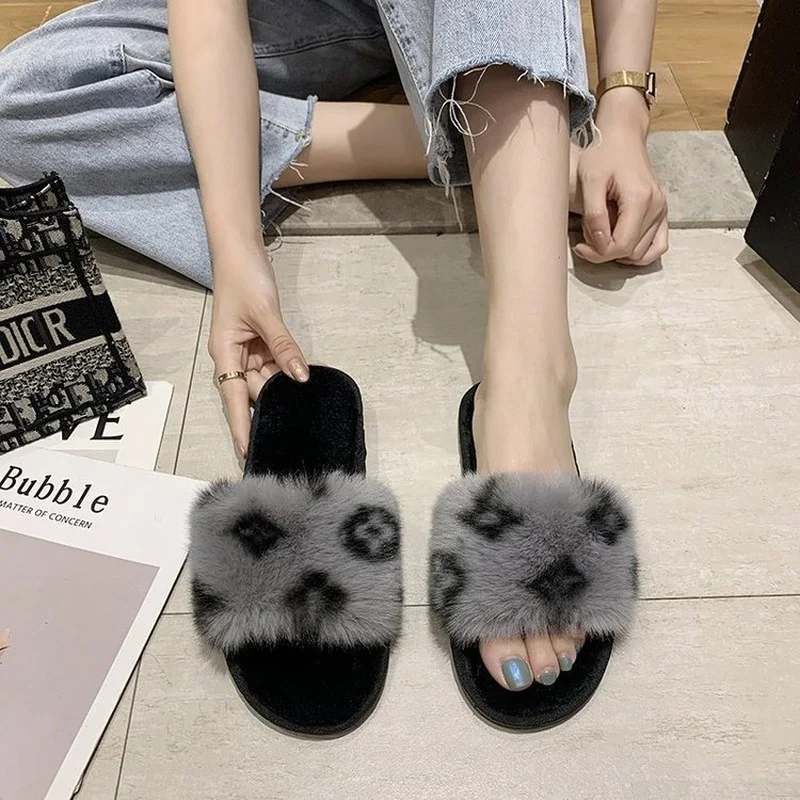 

Cotton Slippers Autumn and Winter New Korean Version of The Net Red Printing Word Flat Bottom Casual Hairy Slipper Women Fashion