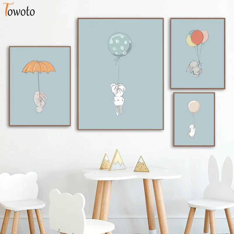 Картина на холсте с милым Кроликом Летающий кролик воздушным шаром постер