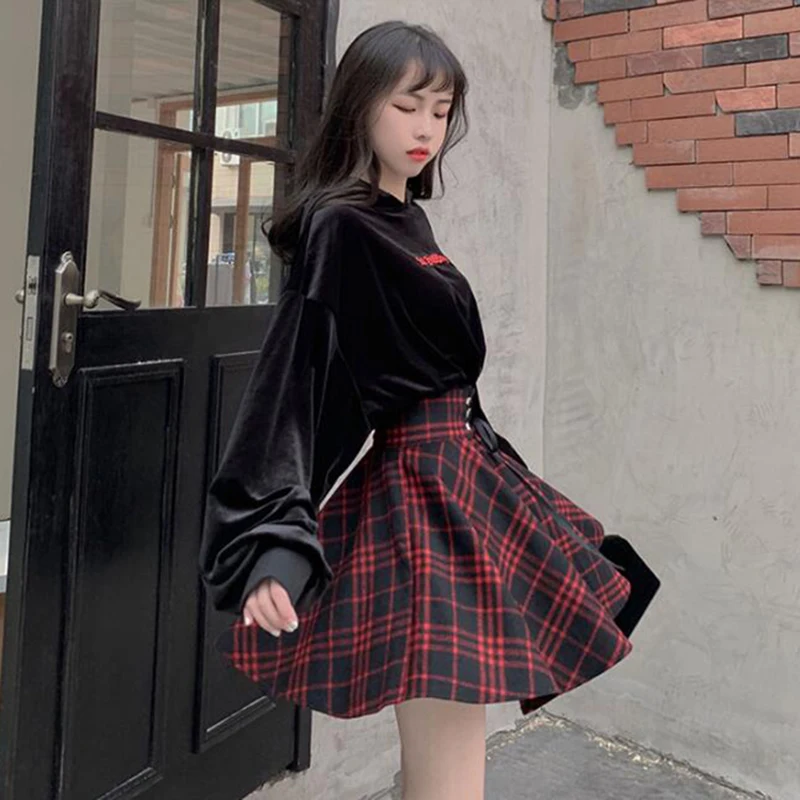 

New Gothic Punk Harajuku Women Skirt 2020 Spring Casual Red Plaid Pleated Woolen Female Fashion Lace Up Skirts