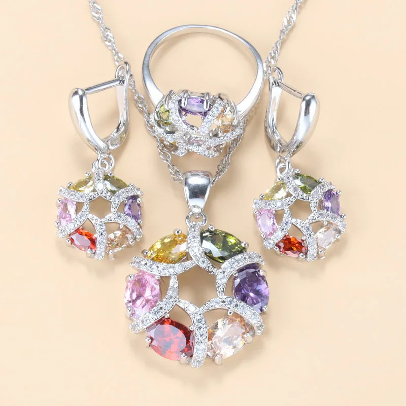 

Free Shipping Hollow Colorful Zirconia Jewelry Sets Silver 925 Dangle Earrings And Necklace Gift Set For Women In A Box