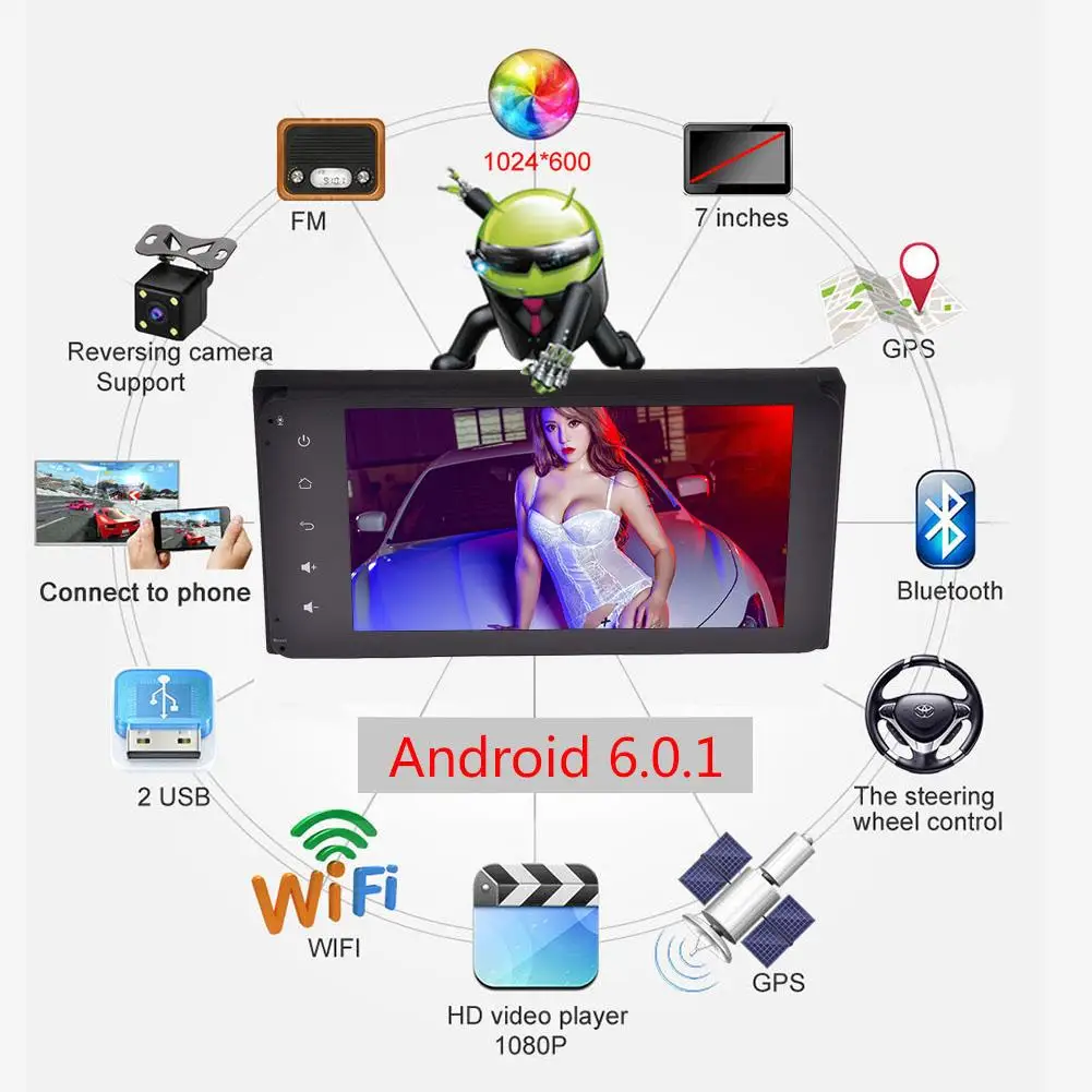 7 дюймов 2DIN Android Quad core 6 0 Автомобильный мультимедийный WI FI плеер gps навигатор HD