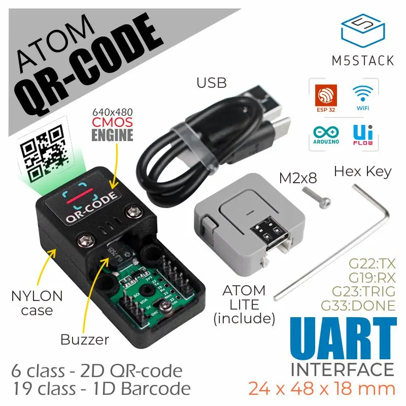 

M5Stack Official ATOM 2D/1D Barcode Scanner Kit Handheld WiFi BLE QR-Codes Bar Codes Reader Support Arduino UIFlow Python