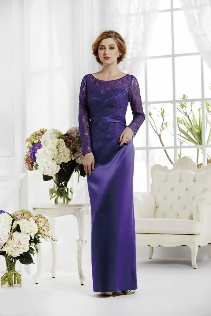 

free shipping 2014 new hot fashion vestidos formales long lace elegant purple satin Mother of the Bride Dresses with long sleeve
