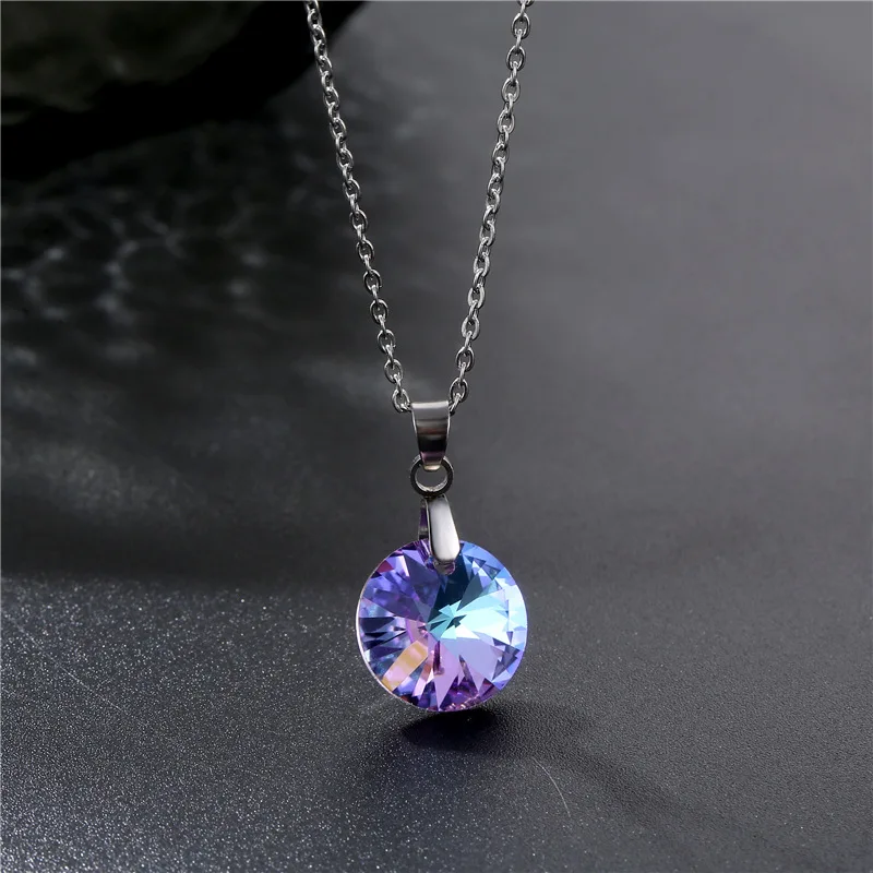 

Fashion Purple Stainless Steel Necklace for Women Trendy Purple Round Crystal Pendant Necklace Girl Wedding Jewelry Gift