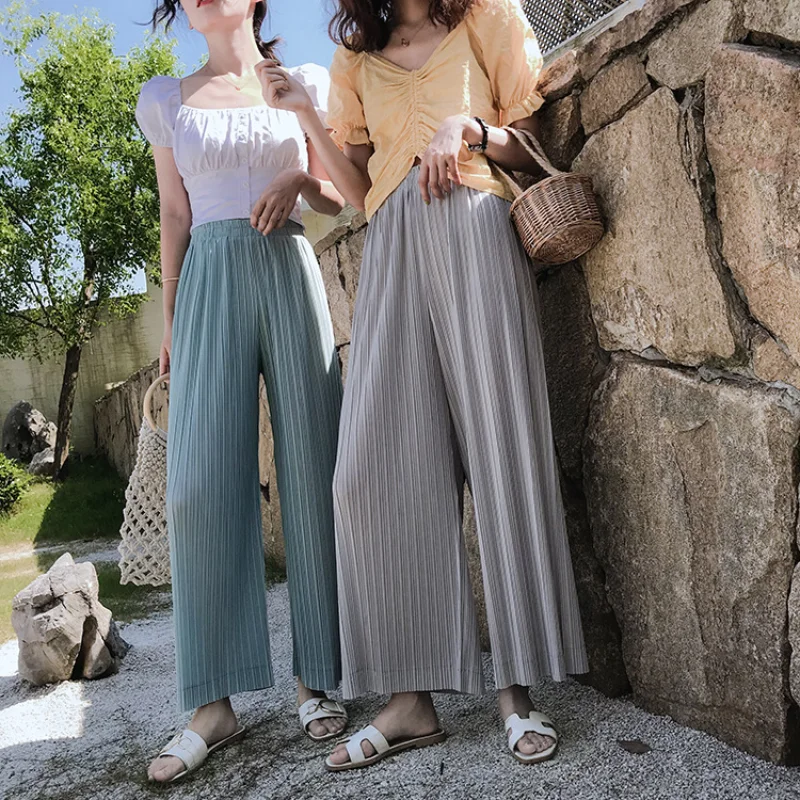 Брюки женские с широкими штанинами, свободные прямые повседневные штаны с завышенной талией в Корейском стиле, на лето