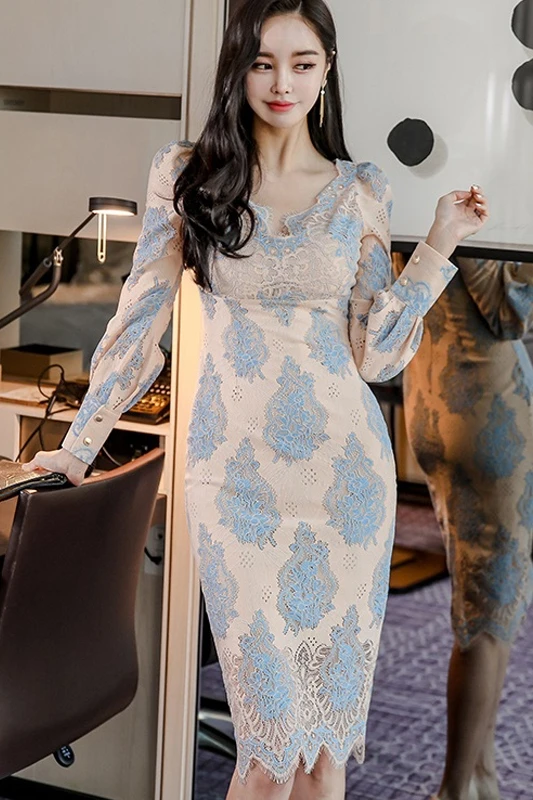 

COIGARSAM Lace Women dress New Spring V-Neck Dresses 7666