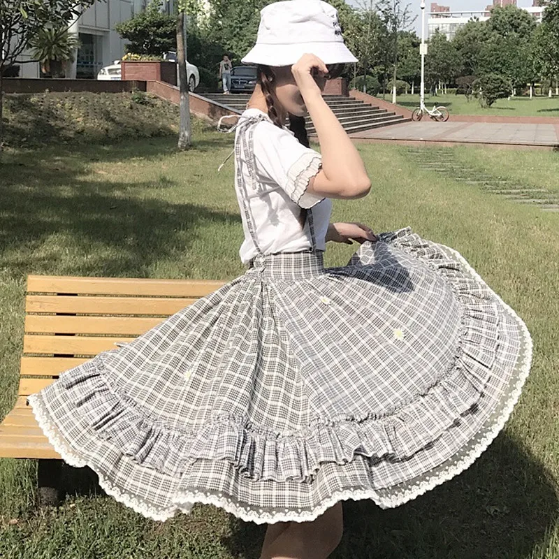 Kawaii Лолита юбка японский стиль 90 подростков мягкая Сестра Дейзи аппликации кружева лоскутное рюшами Сарафан в клетку юбки - Цвет: black plaid skirt