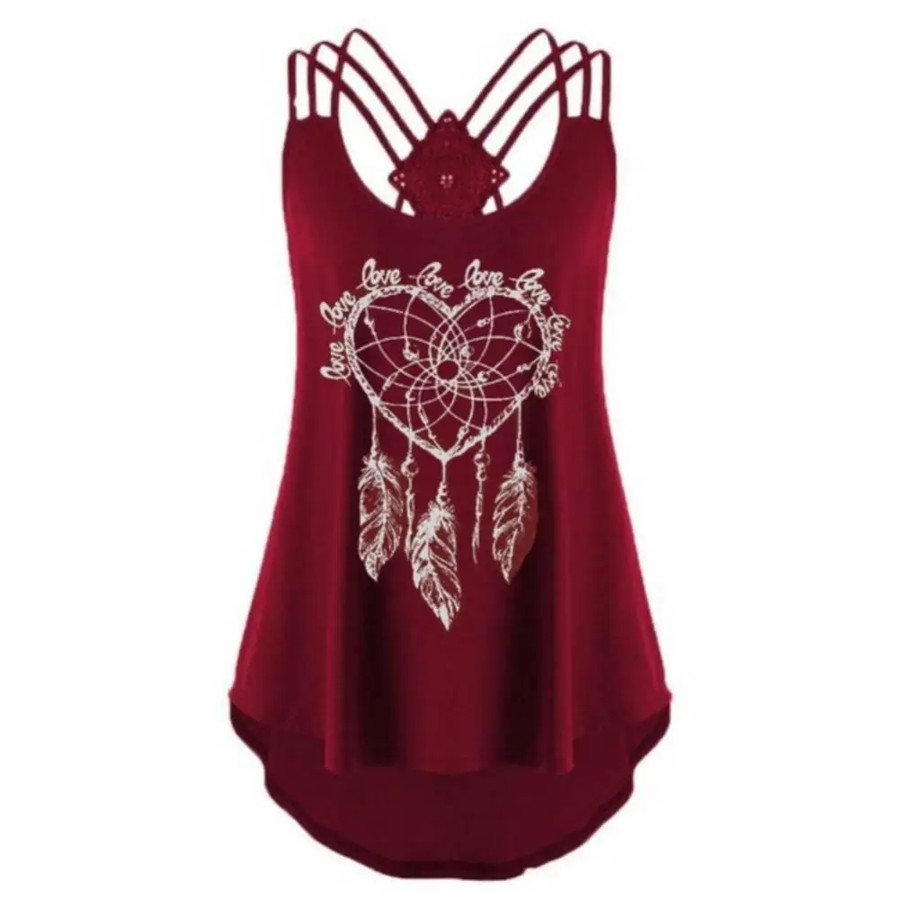 

Summer Women Tank Top Love Heart Feather Print Sleeveless Tank Top Backless Vest women's clothing 2021