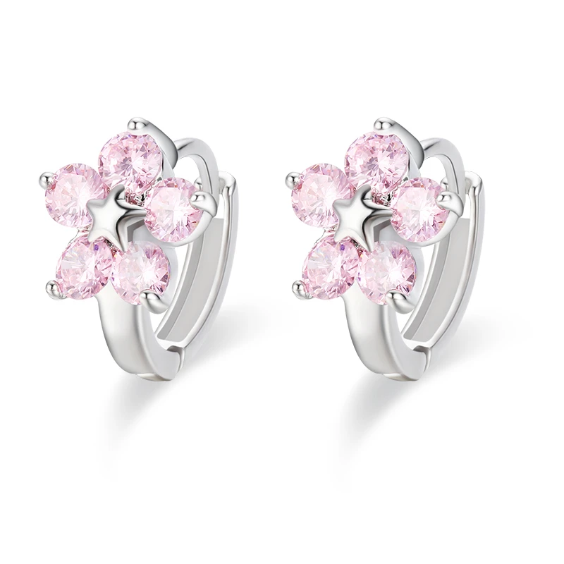 Милые серьги-кольца с пятиконечными Розовыми Фианитами маленькие круглые петли