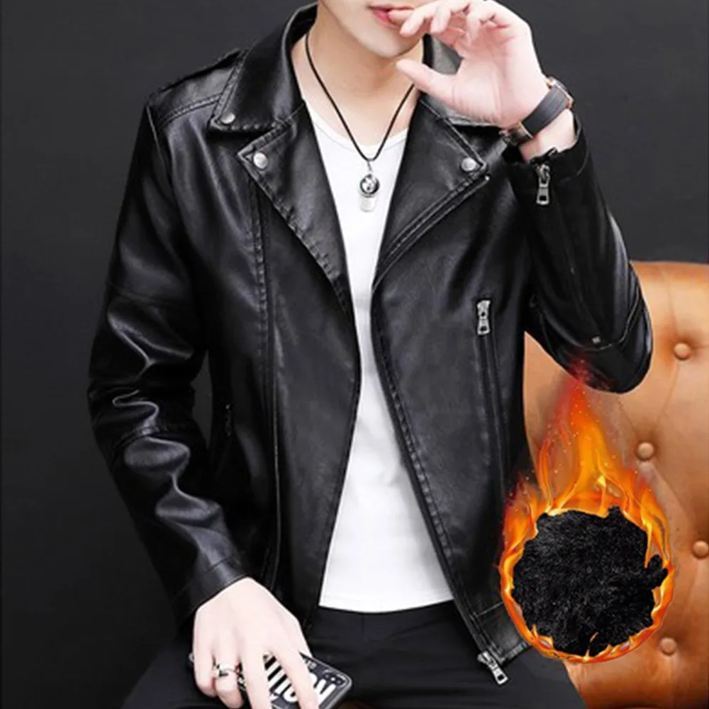 

New Men's Genuine Lambskin Leather Autumn And Winter Jacket BLACK Slim Fit Biker Fashion Youth Jacket With Fleece Coat