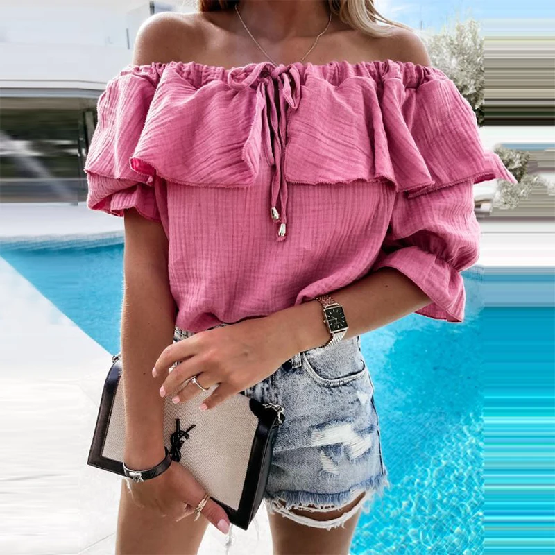 

Women Blouses Summer Slash Neck Vintage Solid Elegant Top 2021 Office Lady Short Sleeve Ruffle Drawstring Pullover Shirt Blusas