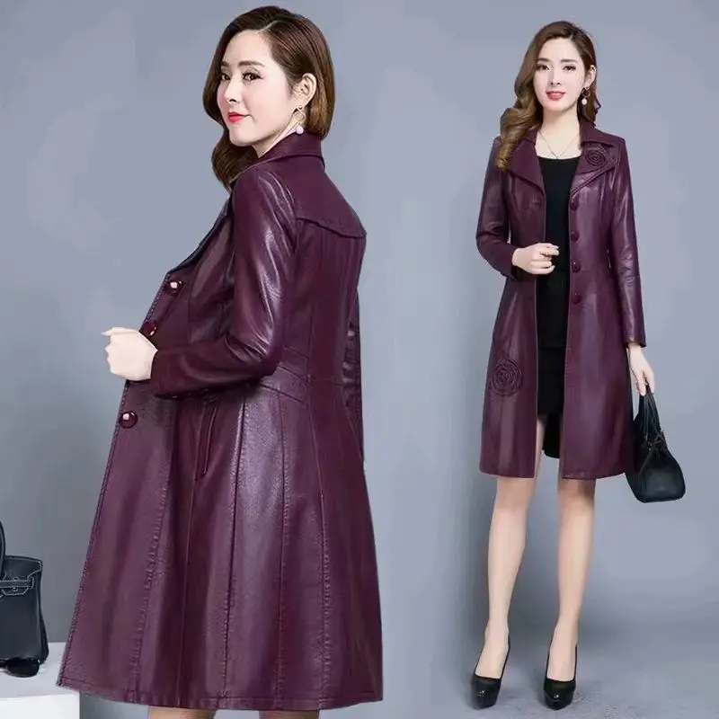 

2020 Women Female Slim Appliques Flower Purple Pu Leather Long Trench Coat Fall Woman 5xl 6xl Clothes duster Coats windbreaker