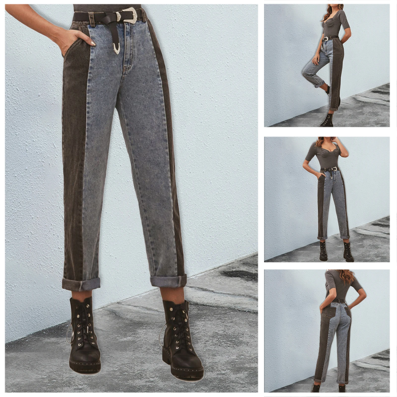 

Women Splicing High Waist Button Zipper Placket Straight-Leg Pants With Pockets For Girls, Smoky Gray Autumn Jeans Casual