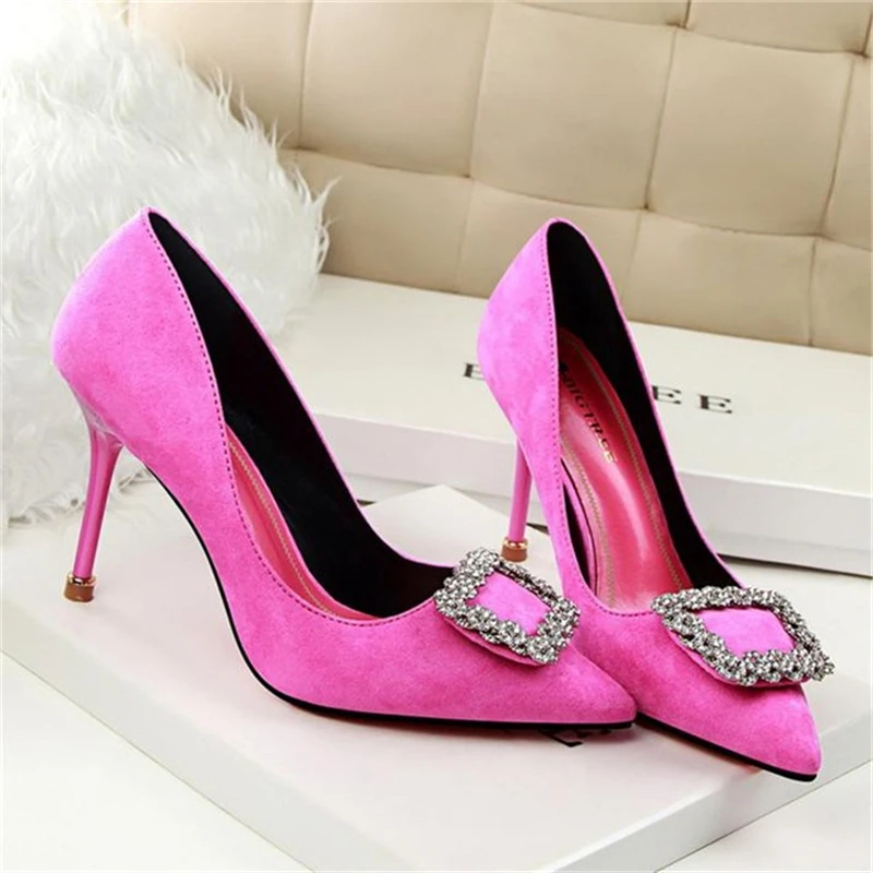 

Size 34-43 Rhinestone Square Buckle Ladies High Heels Pointed Toe Women Shoes Solid Flock Shallow Office Work Pumps For Woman