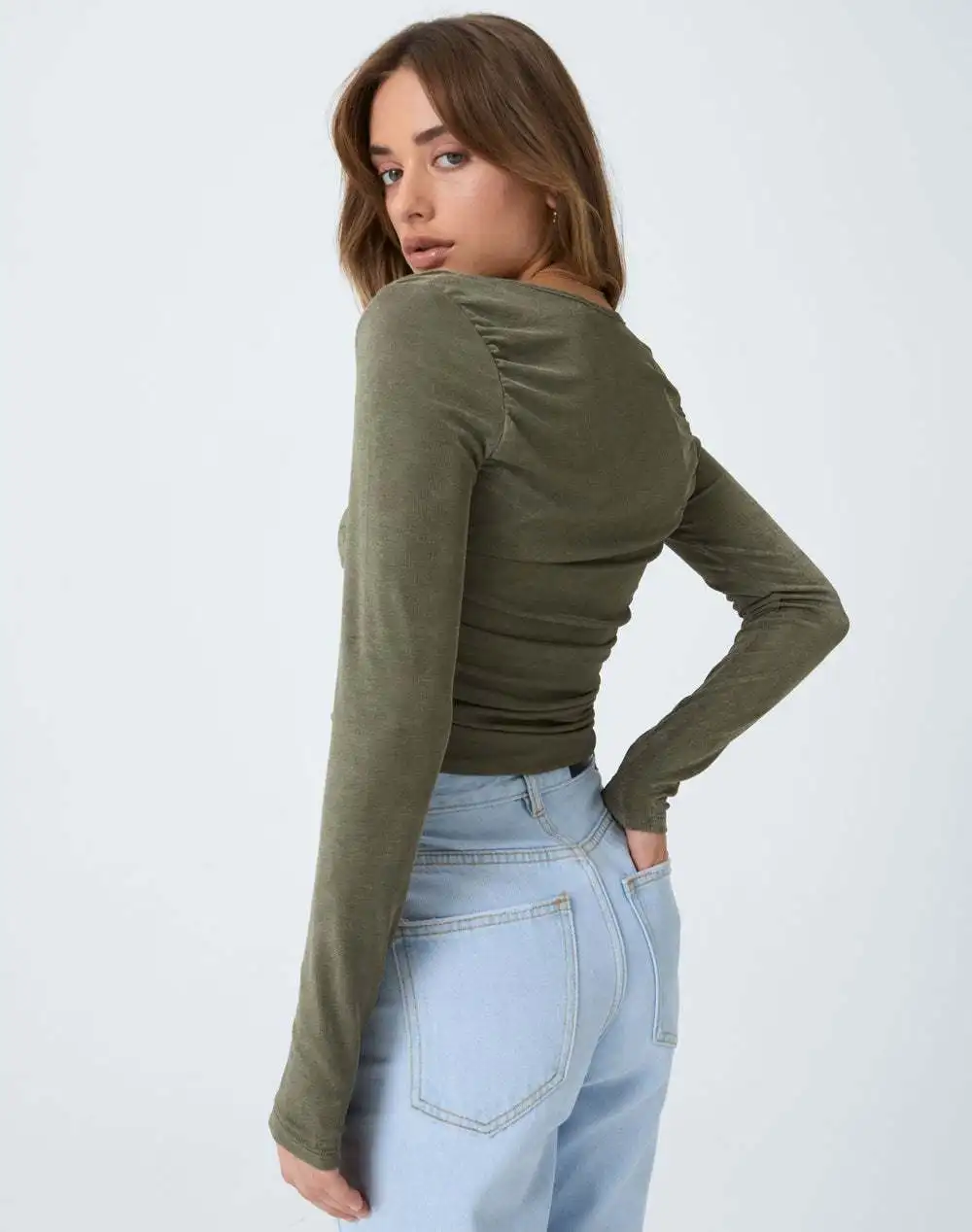 

Women Autumn Skinny V-Neck Crop Top Folds Hidden Button Club Party Long Sleeve T-Shirts Aesthetic Female Hot Streewear Blouses