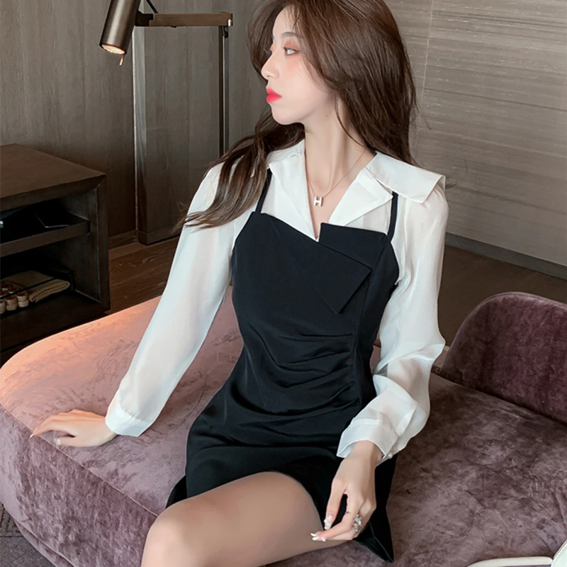 

Женское офисное платье с длинным рукавом, повседневное элегантное черное платье составного кроя с асимметричным подолом в Корейском стиле,...