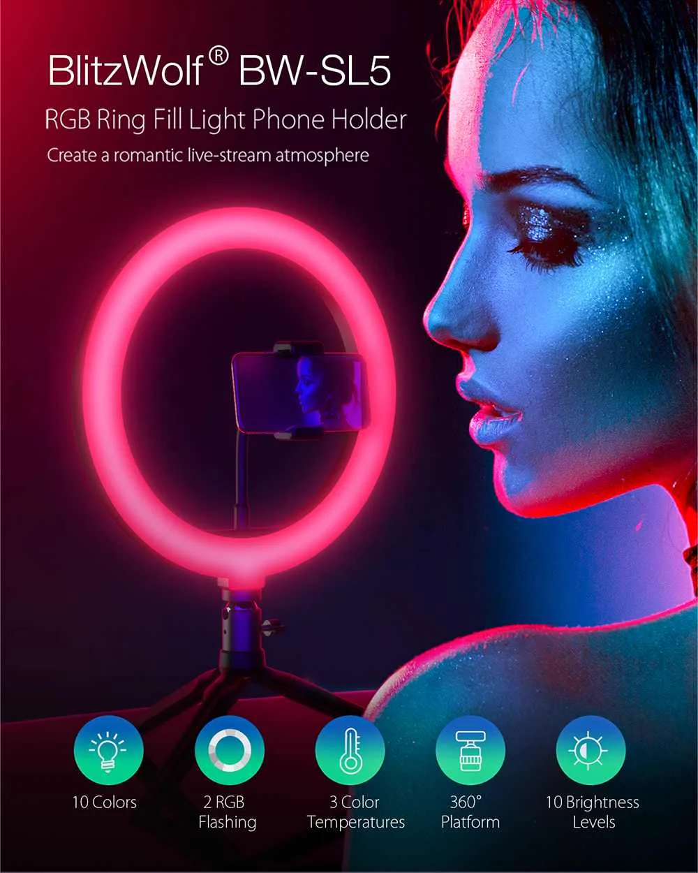BlitzWolf 26cm LED Ring of Right Light with Tripod Selfie Lamp Ringlight Ringlamp for Youtube Makeup Clothes Photographic | Электроника