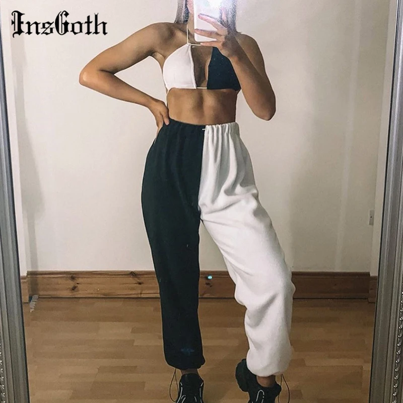 Женские лоскутные брюки InsGoth черно белые свободные длинные в стиле готика