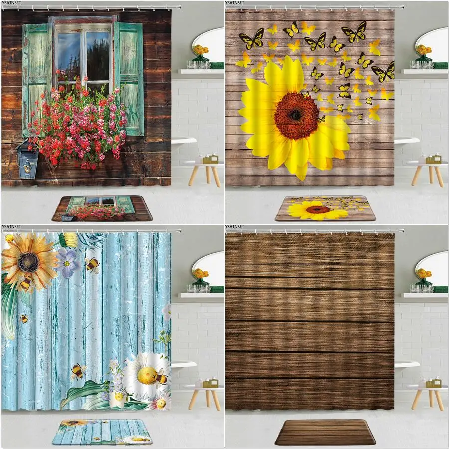 

2Pcs Retro Wooden Board Floral Shower Curtain Window Flowers Sunflower Butterfly Non-Slip Bath Mat Bathroom Cloth Curtains Set