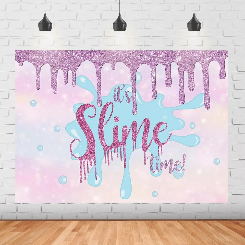 

It's Slime Time Party Background Blue Splatter Purple Glitter Girl Birthday Party Backdrops Rainbow Shiny Dots Bokeh Banner