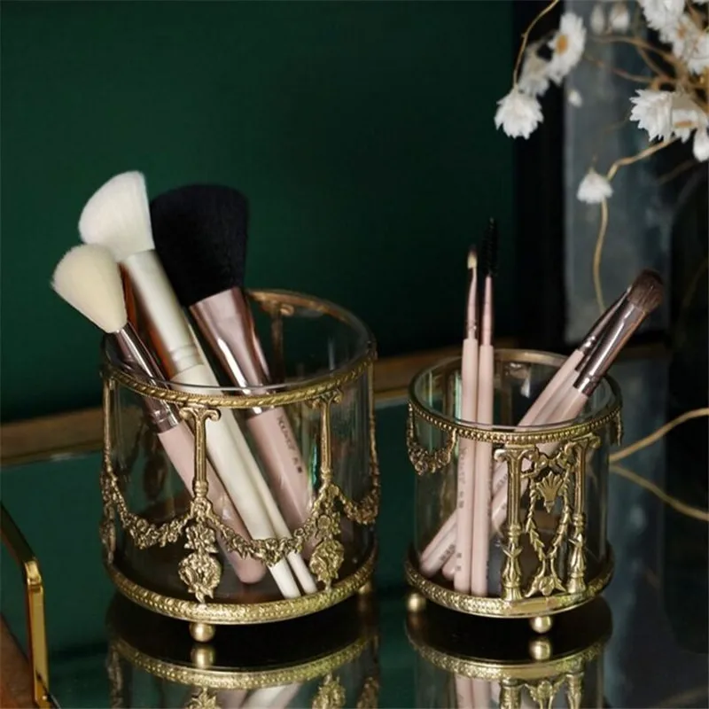 Storage Baskets Antique Brass & Glass Carved Cosmetic Pen/Brush Rack Bathroom Shelf DressingRoom Holder Birthday Presents Gifts