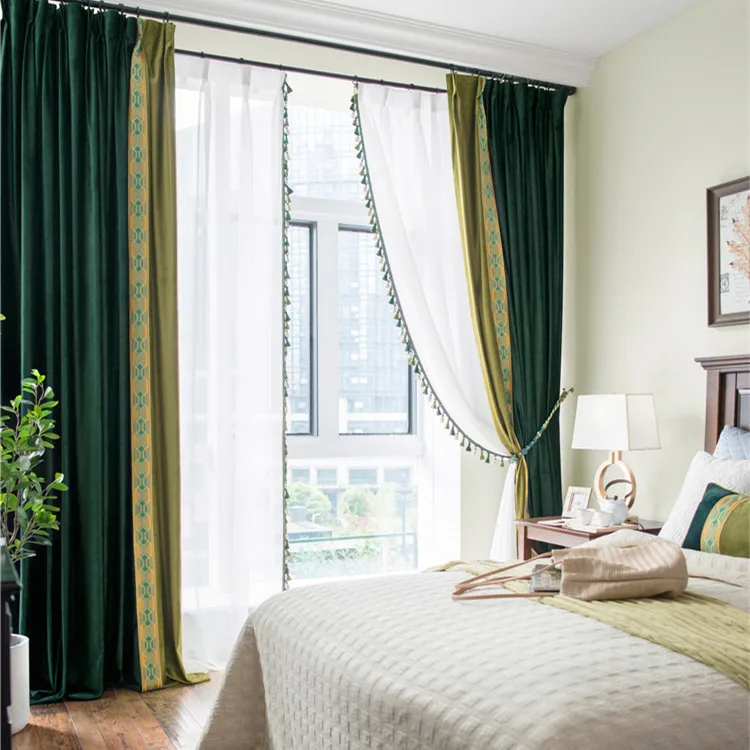 

Curtains for Living Room American Modern Minimalist New Chinese Contrast Color Stitching Embroidery Lace Dining Room Bedroom