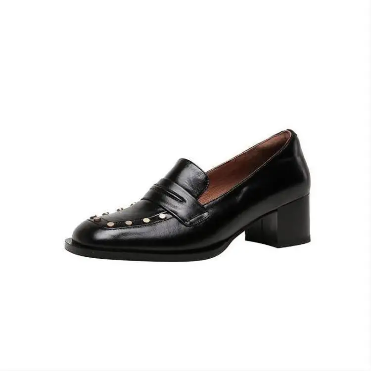 

Ladies Shoes High Heels Real Cow Leather Square Toe Genuine Calf Skin Pumps For Women Shoes With Rivet Decorate Footwear