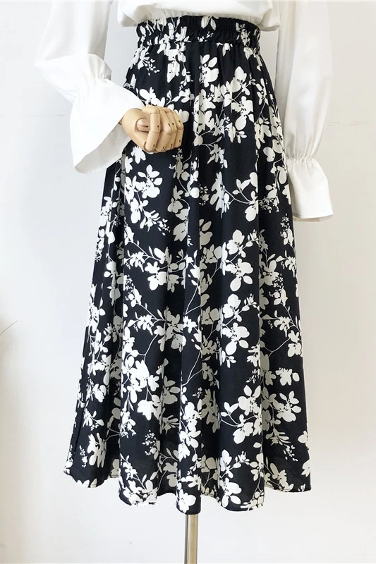 

Pleated Skirt Summer Elegant Printing Long A-Line Thin Sweet Floral Skirt Women